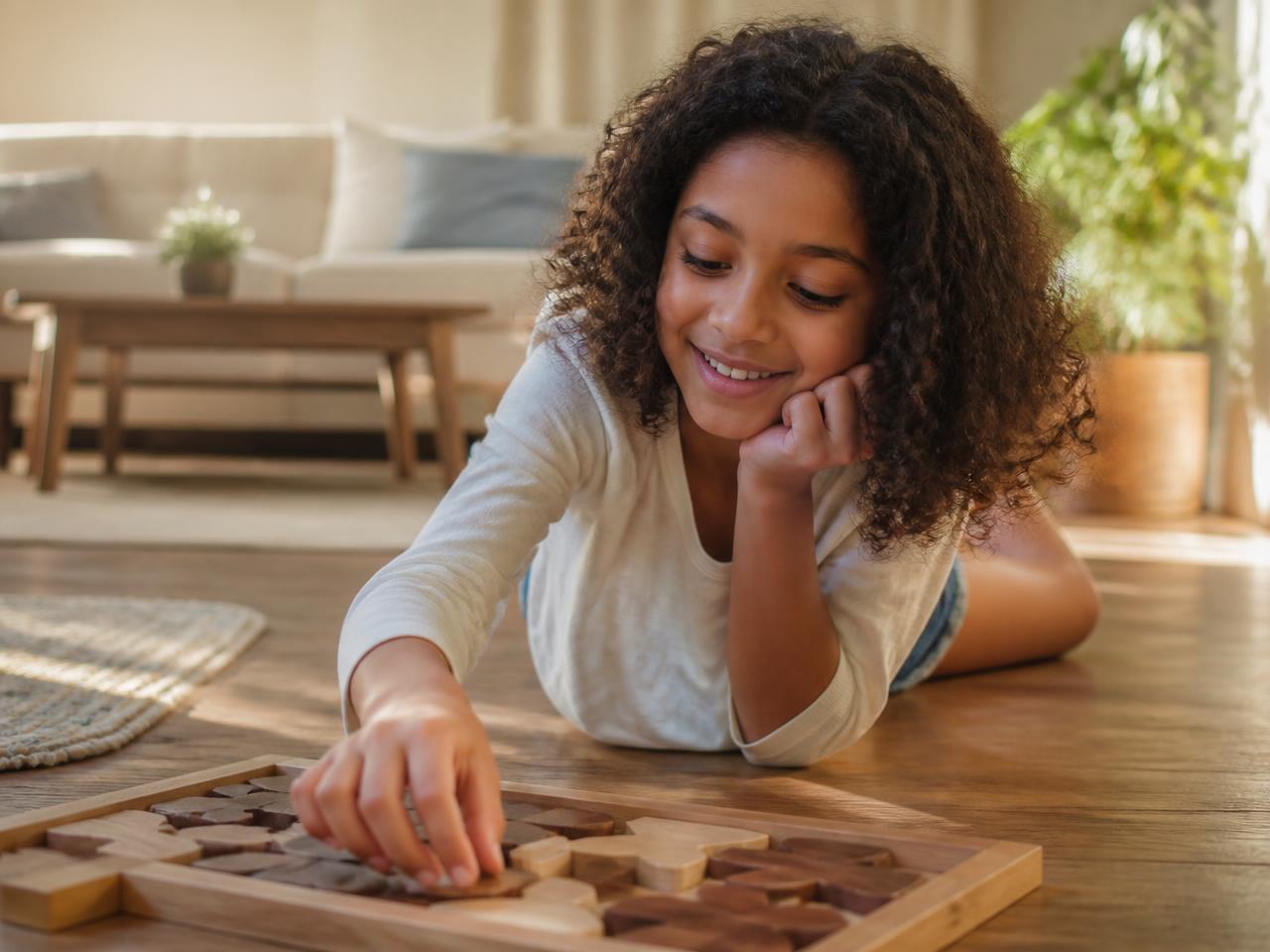A smiling child working through a wooden shape puzzle at home