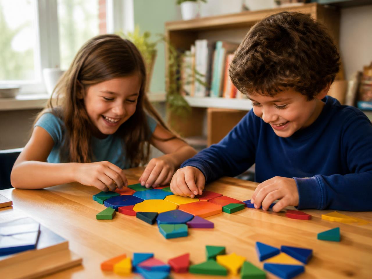 Two children laughing together while arranging coloured shape tiles into a pattern
